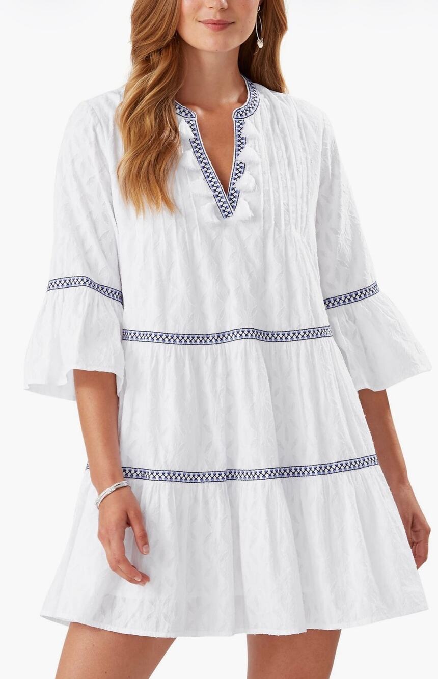 Tommy Bahama Embroidered Tiered Cotton Dress in White Size M